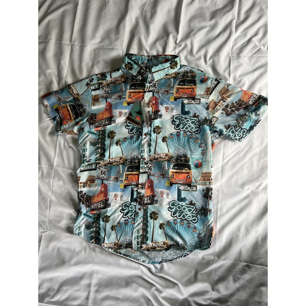Eighth Avenue Shirt Mens XL Good Vibes California Print Short Sleeve Button Up - Picture 2 of 12